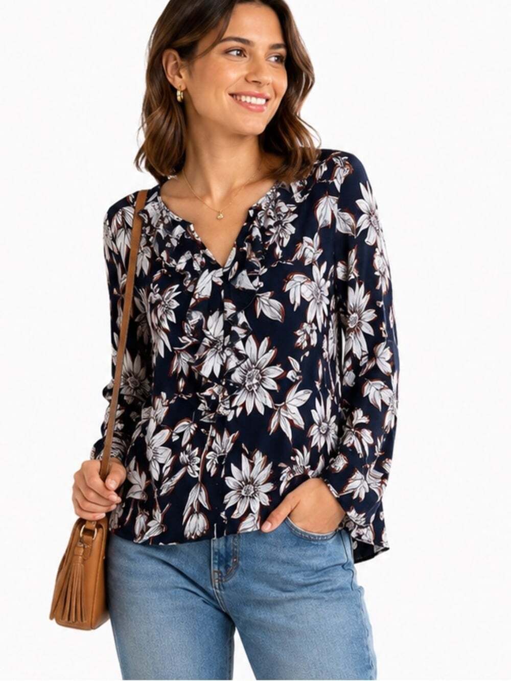 Esqualo Orange Floral Print Navy Top Women’s Size 10 Bohocore, Chiccore Vibrant